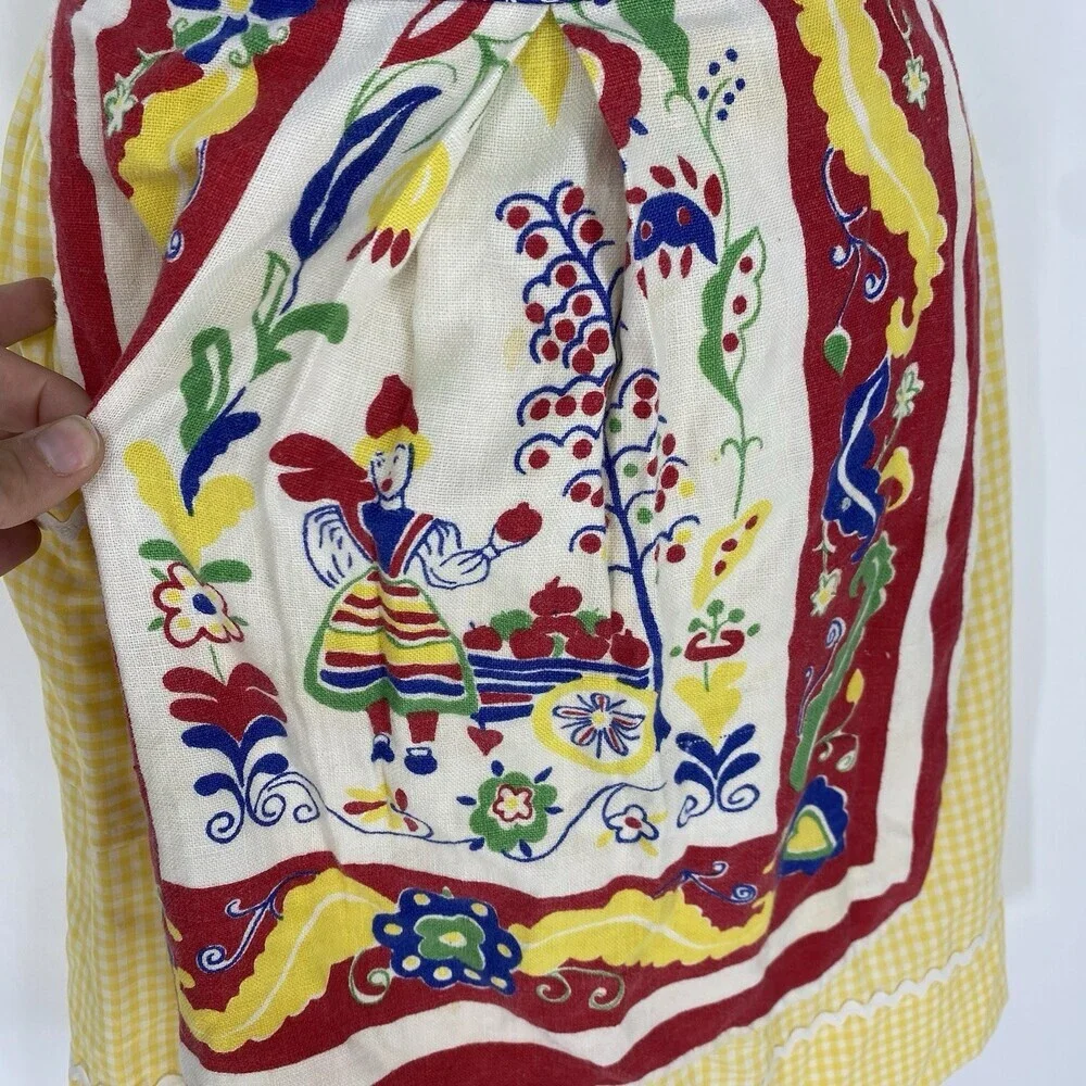 Vintage Novelty Tea Towel Half Apron Yellow Gingham Rick Rack Pocket Cute Retro